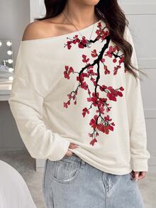 SHEIN EZwear 女款時尚不對稱肩花卉印花休閒衛衣，適合度假穿著 - 彩色 - 查看 4