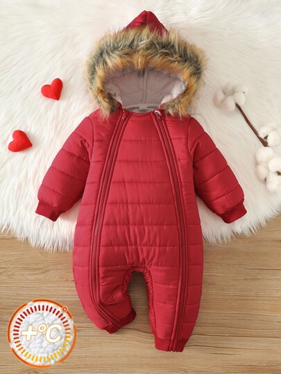 SHEIN Unisex Baby Boy/Girl, Toddler Autumn/Winter Thermal Lined Thickened Hooded Jumpsuit, Baby Winter Jumpsuit, Thermal, Thickened