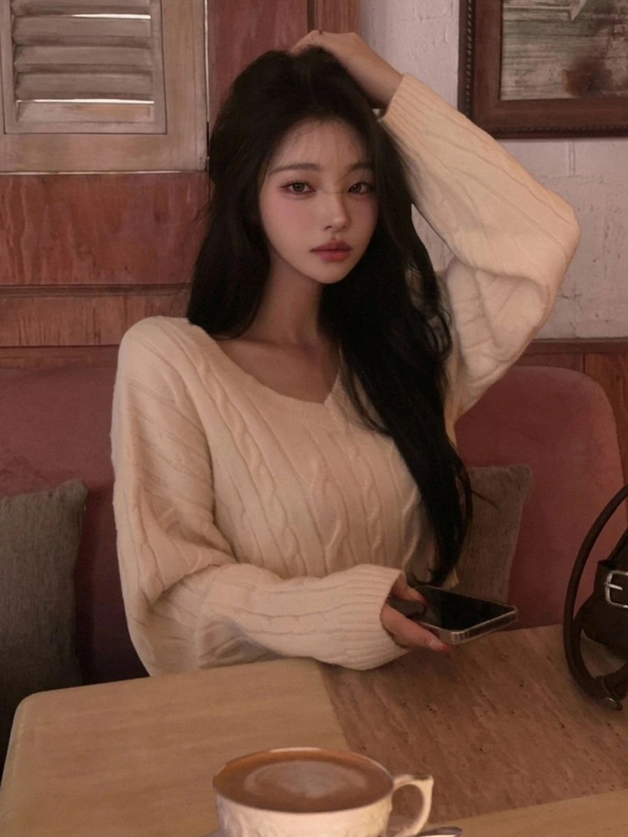 DAZY Women's Solid Color Loose Short V-Neck Long Sleeve Pullover Cable Knit Casual Vacation Spring Autumn Sweater - Apricot - View 1
