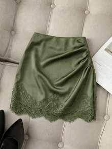 Muvela 女款素色對比蕾絲百褶優雅裙 - 綠色 - 查看 9