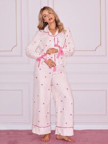 SweetSlumber Striped Heart Print Lapel Front Button Bow Tie Long Sleeve Women's Pajama Set - Multicolor - View 6