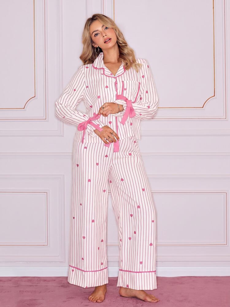 SweetSlumber Striped Heart Print Lapel Front Button Bow Tie Long Sleeve Women's Pajama Set - Multicolor - View 6