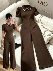 GlowEve Black Pearl Collar Petal Sleeve Jumpsuit, Waist-Cinching Slimming Elegant Commuter High-End Jumpsuit, Casual Minimalist Jumpsuit - Brown - View 1