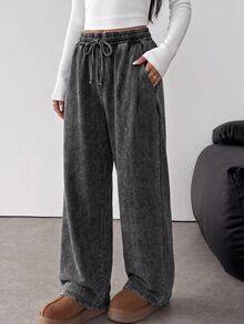 SHEIN 青少年女孩黑色針織牛仔寬鬆寬腿長褲 - 黑色 - 查看 3