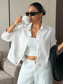 Dazy Plus Autumn Lapel Long Sleeve Button-Up Solid White Short Loose Denim Jacket - White - View 4