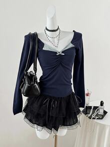 DAZY Sweater Lipit Lengan Panjang Wanita dengan Dekorasi Pita Warna Kontras, Cocok untuk Musim Gugur, Sehari-hari, Kencan, Warna Biru Tua, Romantis, Imut, Gaya Y2k - Navy Blue - View 7