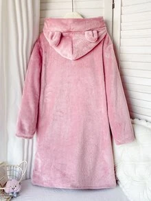 SHEIN 少女秋/冬季甜美卡通3D設計厚抓絨連帽長袖抽繩家居服浴袍睡衣 粉色女童睡衣 - 藕粉色 - 查看 2