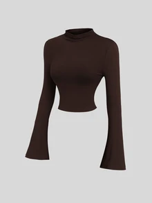 Sweetra Women's New Spring Summer Autumn Winter Outfit Half-High Neck Solid Color Top And Ruched Waist Skirt Set, Suitable For Travel, Commuting, Shopping, Dating, Dining, Versatile 2-Piece Set - Brown - View 4