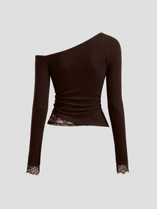 Sweetra American Hot Girl Style Lace Patchwork Sexy Asymmetric Shoulder Design Base Layer Top, Slimming Waist, Asymmetrical Hem, High-End Women's Blouse For Autumn/Winter - Brown - View 2