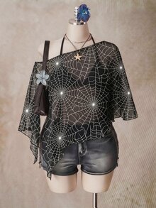 SHEIN ICON 大尺碼女款萬聖節蜘蛛印花網紗上衣 - 彩色 - 查看 3