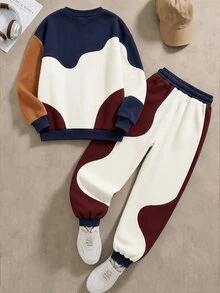 2pcs/Set Boys' Casual Fashion Comfortable Sweatshirt Set, Digital Print Pattern, Long Sleeve Top, Outfit, Autumn/Winter Wear, Deep Blue & Apricot Brown Color Block Crew Neck Sweatshirt And Sweatpants Set - Multicolor - View 4