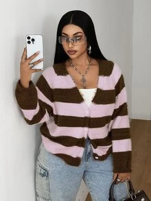 Maweii Cardigan Rajut Wanita Ukuran Besar, Garis-Garis Multiwarna, Hangat, Potongan Longgar, Kasual, Musim Gugur/Dingin - MultiWarna - View 6