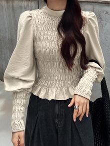 FRIFUL Women's Solid Color Pleated Casual Versatile Daily Long Sleeve T-Shirt Fall - Apricot - View 7