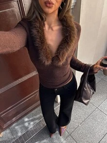 Aloruh Vintage Fashion Fur Collar Patchwork Pullover Long Sleeve Sweater - Coffee Brown - View 1