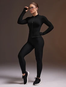Powerista Women's Black Ribbed Surface Washed Process Stand Collar Slim Fit Long Sleeve Athletic Tight Jacket - Black - View 5