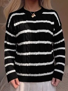 SHEIN Girlism 青少年女孩校園復古學院風黑白條紋長袖圓領秋季毛衣 - 黑色 - 查看 4