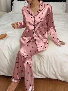 Napfluff Faux Silk Printed Heart Long Sleeve Pants Loungewear - Coral Pink - View 1