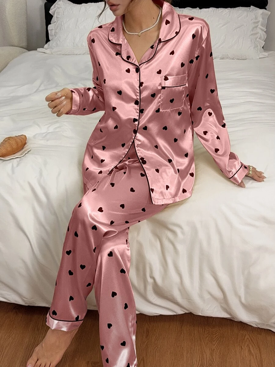 Napfluff Faux Silk Printed Heart Long Sleeve Pants Loungewear - Coral Pink - View 1