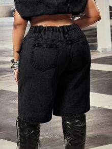 Slaydiva High Waist Loose Asymmetrical Patchwork Plus Size Denim Shorts - Dark Grey - View 2