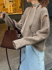 FRIFUL Women's Solid Color Hollow Out Long Sleeve Round Neck Casual Sweater Fall - Khaki - View 5