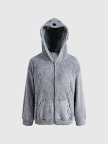 ROMWE Jaket Wanita Regular Motif Tikus Lucu Dua Sisi Bahan Bulu Domba Gaya Punk Jalanan Unik - Dark Grey - View 7