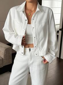 Dazy Plus Autumn Lapel Long Sleeve Button-Up Solid White Short Loose Denim Jacket - White - View 8