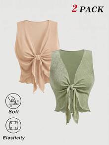 SHEIN MOD 2件組 V領前綁帶背心，極簡時尚、嬉皮、街頭風、波希米亞、熱帶度假風、辣妹風、性感、西部風上衣、Rave上衣 - 卡其色 - 查看 2