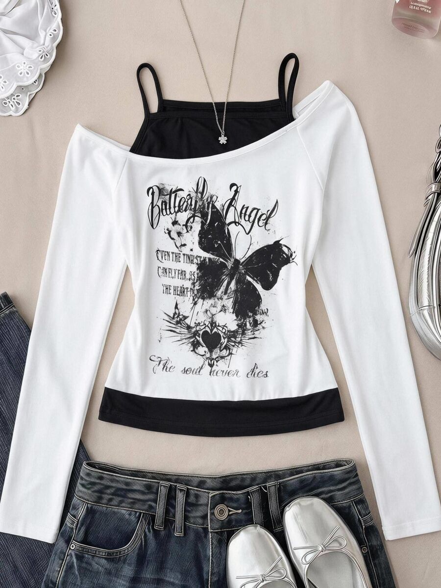SHEIN تي شيرت للبنات المراهقات صيفي بأسلوب الشارع، أسود وأبيض بألوان متباينة، نمط الحروف والفراشات، 2 في 1، أكتاف باردة، أكمام طويلة، يمزج بين أسلوب الجرنج والبانك وY2K - أبيض وأسود - مشاهدة 1