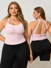 Easithlete Women's Plus Size Solid Color Casual Kawaii Versatile Daily Wear Sports Halter Neck T-Shirt Gym Light Pink Summer - Pink - View 1