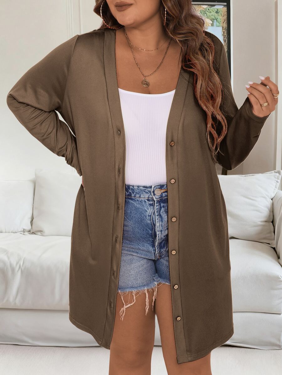 Vionelle Plus Size Autumn Casual Solid Color Jacket - Khaki - View 1