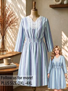 Rusticease Plus Size Women's Contrast Lace Striped Waist Shirred Casual Dress - Multicolor - View 10