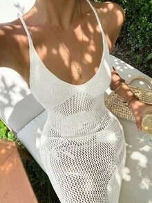 Sunnyshic 女款白色精緻刺繡花卉百搭優雅熱帶性感海灘度假風夏季露背掛脖長洋裝 - 米色 - 查看 6