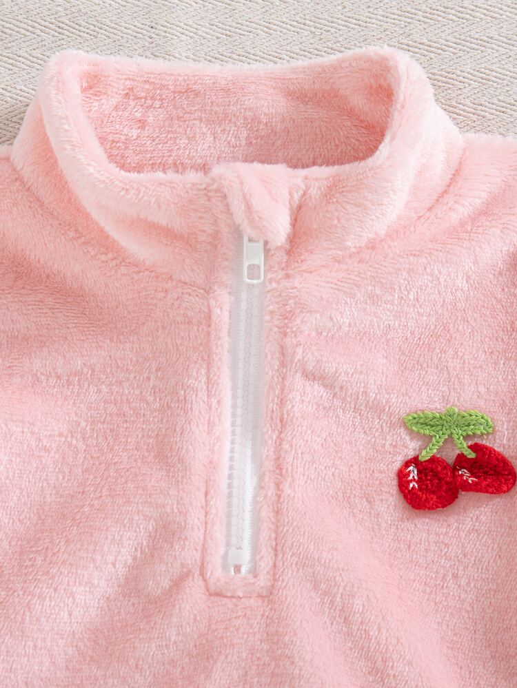 SHEIN 2pcs Toddler Girl Pullover Top + Pants Cute Sweet Pink Cherry Embroidered Plush Long Sleeve Stand Collar Thick Party Winter Fall Christmas Fleece Set - Pink - View 5