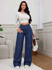 SHEIN Tall Women's Waist Contrast Lace Blue And White Striped Wide Leg Loose Fit Jeans Summer Everyday School Casual Preppy - Dark Wash - View 4