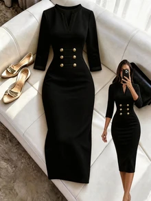 SHEIN فستان ميدي أنيق باللون الأخضر النعناعي مع تصميم كتل لونية وياقة على شكل حرف V وأكمام 3/4 ضيقة، بأسلوب مكتبي مع إبزيم مزخرف بالمعدن وتصميم شق، مناسب للحفلات والتنقل اليومي والتجمعات - الأسود - مشاهدة 5