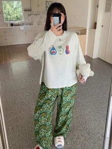 Dazy Plus Cute Printed Pattern Loose Top & Vintage Floral Long Pants 2-Piece Set, Spring/Autumn New Pajama Set - Light Grey - View 3