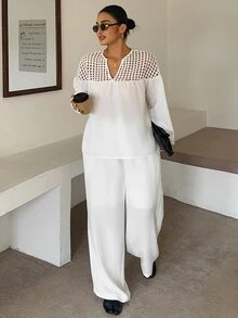 Livesso Curve Hollow Mesh Patchwork Pullover Top And Loose Long Pants Vacation Style Urban Casual Two Pieces Set - White - View 3