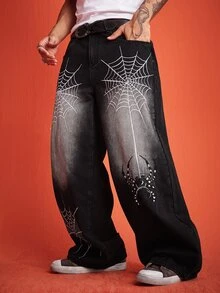 ROMWE MEN Street Life Men's Spider Pattern Casual Daily Wear Jeans - Black - View 7