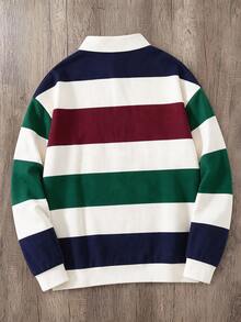 Manfinity Joysei Men's Casual Collegiate Striped Button Collar Pullover Sweatshirt - Multicolor - View 2