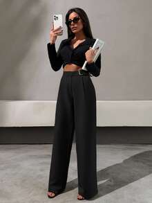 SHEIN بنطال نسائي مقاس كبير بلون أسود سادة، بأسلوب أنيق، مع تفاصيل حزام من الجلد الصناعي نصف، بقصة مستقيمة - الأسود - مشاهدة 7
