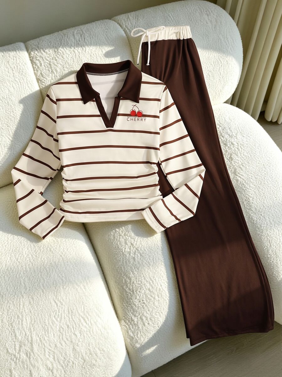 Teen Girl Autumn Outfits Tops Cherry Print Long Sleeve T-Shirt And Pants Casual Streetwear Daily Outfit, Holiday Outfits Party Birthday White Brown - Khaki - View 1