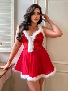 Fantasy Costume Fantasy Costume فستان تنكري نسائي مقاس كبير بتصميم مرقع من الفرو والدانتيل - ابيض واحمر - مشاهدة 5