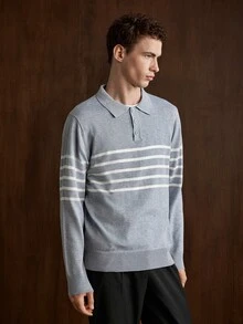 Manfinity CityGents 男士 Polo 領長袖套頭毛衣，Ins 風格，華麗派對街頭成熟風，寬鬆版型拼色秋季正式老錢風毛衣 - 淺灰色 - 查看 5