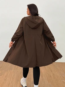 SHEIN EZwear 巧克力棕色收腰連帽大尺碼女款風衣，適合家庭度假、徒步、秋季休閒與賽車風格 - 巧克力棕 - 查看 2