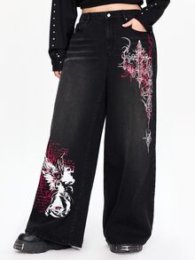 ROMWE Dark Gothic Street Style Vintage Washed Loose Comfortable Plus Size Denim Jeans - Black - View 1