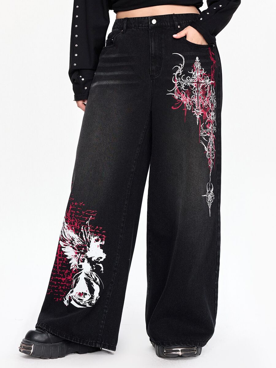ROMWE Dark Gothic Street Style Vintage Washed Loose Comfortable Plus Size Denim Jeans - Black - View 1