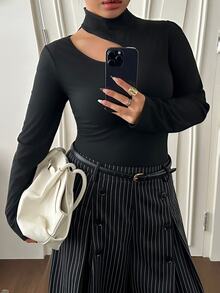 Livesso Solid Color High Neck Hollow Out Slim Fit Sexy Top Spring Autumn New Black T-Shirt - Black - View 5