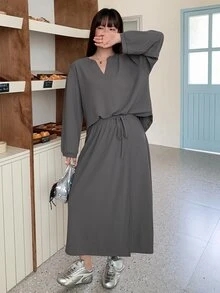 Dazy Plus Bộ 2 món áo tay dài và chân váy thắt eo màu trơn phong cách thường ngày năng động, đi làm, xuân/thu - Xám - Xem 8