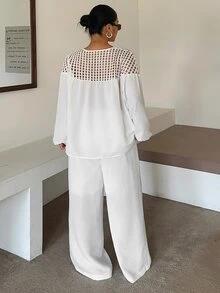Livesso Curve Hollow Mesh Patchwork Pullover Top And Loose Long Pants Vacation Style Urban Casual Two Pieces Set - White - View 2