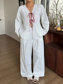Dazy Plus Fashion Polka Dot Tie Top & Pants 2-Piece Set, White New Spring/Summer/Autumn Pajama Set - White - View 7